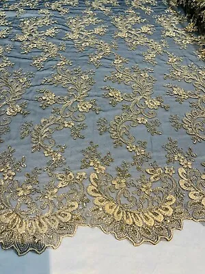 Lace Fabric - Champagne With Black - Floral Mesh Fancy Lace Fabric By The Yard • $23.12