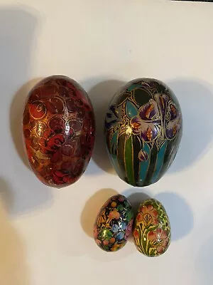 Lacquered Wood Decorated Eggs. 2 Lrg 2 Small.  • $13.95