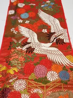 1E05z240  Japanese Kimono Silk UCHIKAKE FABRIC Crane Orange-Red 68.5x14.2 • $51