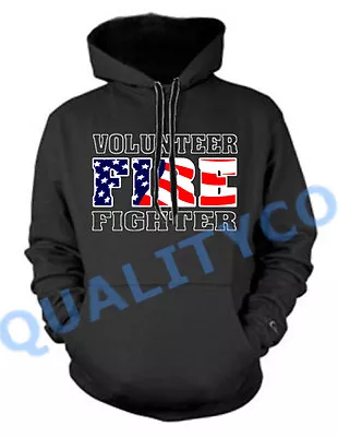 Men's VOLUNTEER FIREFIGHTER Black Hoodie Sweatshirt Sweater US Flag EMS • $23.99