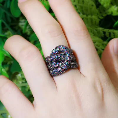 Adjustable Multicolor CZ Micro Pave Geometric Open Engagement Ring Women Wedding • $9.89