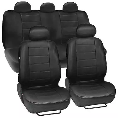 Black Synthetic Leather Set Car Seat Cover Genuine Leather Feel Front & Rear Set • $44.90