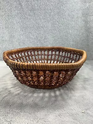 Vintage Woven Wicker Dark Brown Hexagon Shallow Basket • $19.98