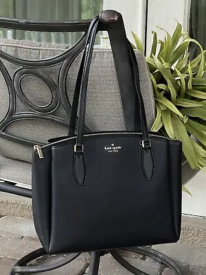 Kate Spade Monet Large 3 Compartment Shoulder Bag Tote Black Leather Purse Gold • $137.99