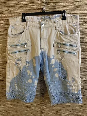 Smoke Rise Denim Blue Jean Cut Off Shorts Tie Dye Acid Wash Raw Hem Size 34 • $25