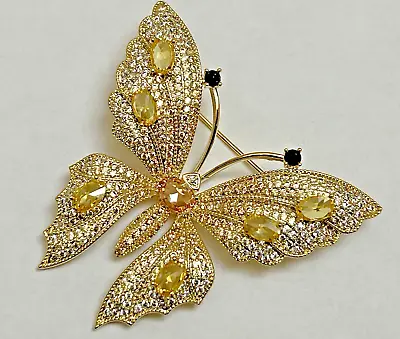 Yellow Pink Butterfly Insect Bug Crystal Glass Rhinestone Brooch Pin Vintage USA • $21.59