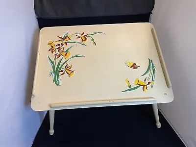 Vintage 1940s 5-Position Folding Wood Bed TV Tray Table Cream Yellow Daffodils • $35