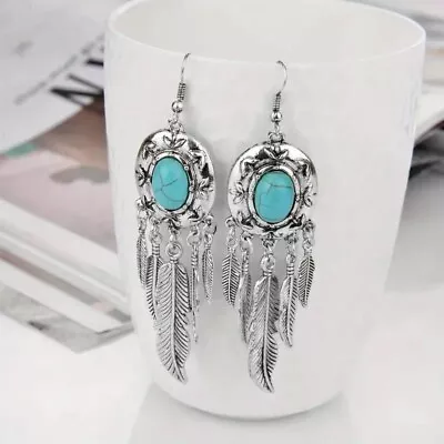 925 Sterling Silver Dream Catcher Turquoise Vintage 3.5  Dangle Drop Earrings • $15.74