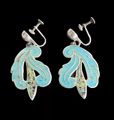 Vintage Taxco Mexico Sterling Silver Enamel Scroll Leaf Earrings • $195