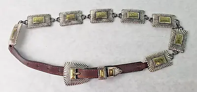 Vintage Justin Silver Concho Leather Belt W/Gold Plate Center • $55