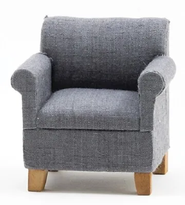 Dollhouse Miniature Modern Arm Chair In Cark Grey Fabric With Wood Legs CLA12019 • $14.39