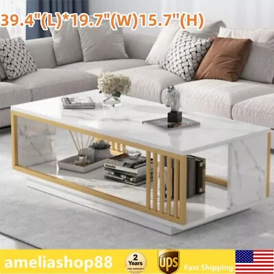 Modern White GOLD Coffee Table High Gloss Marble Veneer Rectangle Living Room • $109.24