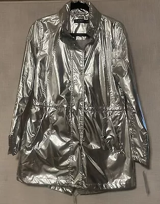 Ralph Lauren Women Lightweight Metallic SILVER TAFFETA JACKET Zip SIZE SMALL NEW • $44.99