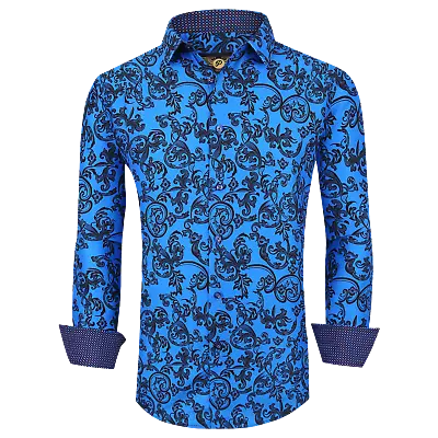 Mens PREMIERE Long Sleeve Button Down Dress Shirt Blue Black PAISLEY 770 • $35.95