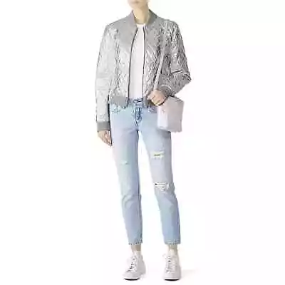 Nicole Miller Leather  Silver Quilted Full Zip Bomber Jacket  SizeM  Medium • $69.99