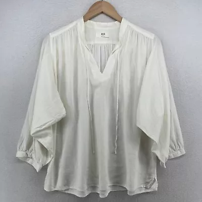 UNIQLO Top Women M Ruched Shoulder Tie V-Neck Linen Gauze Woven 3/4 Sleeve White • £18.61