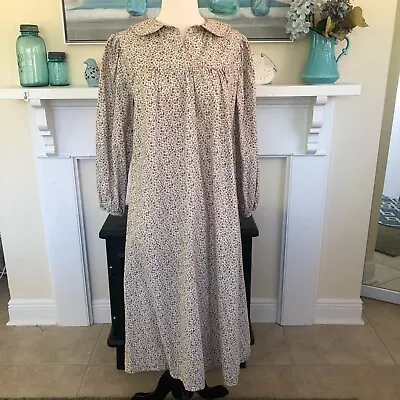 Vtg Maxi Prairie Dress Tan Multi Long Sleeve Cotton Cottagecore Farmcore L/XL • $30