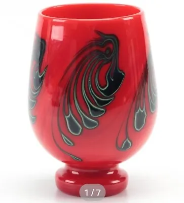 1980 Charles Lotton Mandarin Red Footed Art Glass Chalice W/ Stand Signed & Date • $749