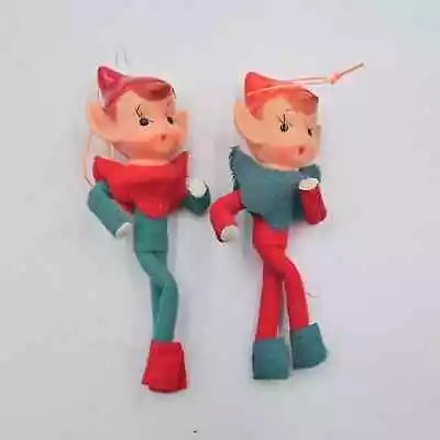 Vintage 1950s Japan Pixie Elf Felt Christmas Ornaments Set Of 2 • $26