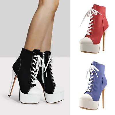 $75.99 • Buy Onlymaker Canvas Sneaker High Heel Lace Up Patchwork Platform Ankle Boots Shoes