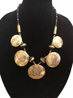 Vintage 70's-80's 5 Brass Copper Basketweave Disc Bead Necklace Tribal Runway • $24.85