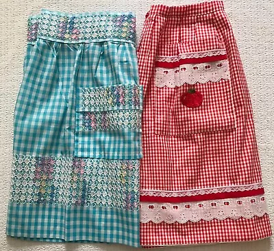 2 Vintage GINGHAM APRONS  Red & Aqua PRETTY EYELET CHICKEN SCRATCH ~ POCKETS • $16