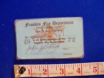 Vtg 1972 FRANKLIN FIRE DEPARTMENT New Jersey Member Certify Card • $4.99