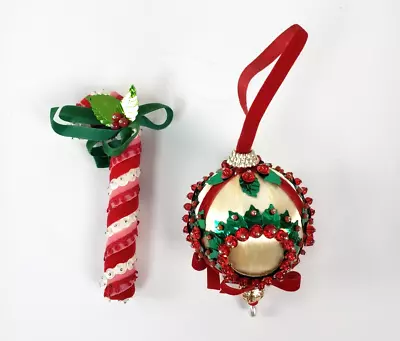 2 Vintage Beaded Sequins Felt Ribbon Christmas Ornaments Candy Cane And Ball • $8.40