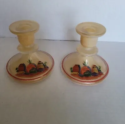 Mid Century Mod Candlestick Cased Glass With Southwest Theme  Vintage Set Of 2 • $18