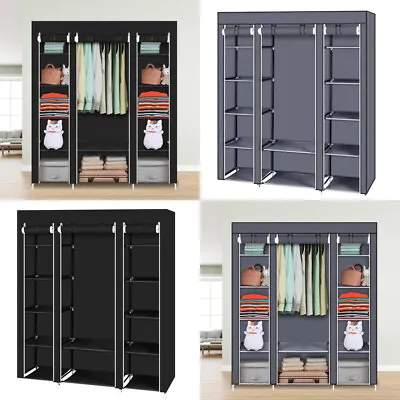 Triple Fabric Canvas Wardrobe Hanging Rail Shelving Clothes Storage Cupboard • £18.98