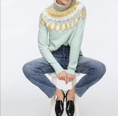 NWT J Crew Beautiful Cozy Soft Fair Isle Mint Turtleneck Sequin Sweater Women M  • $89.99