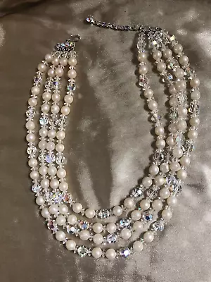 VINTAGE 4 Multistrand Aurora Borealis Glass Faux Pearl Necklace Adjustable Clasp • £22.79