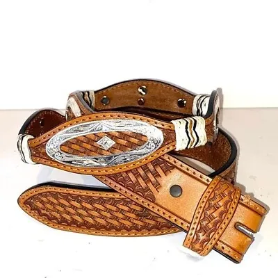 NEW Hand Tooled Leather Concho Scalloped Western Belt Men’s 36” • $37.99