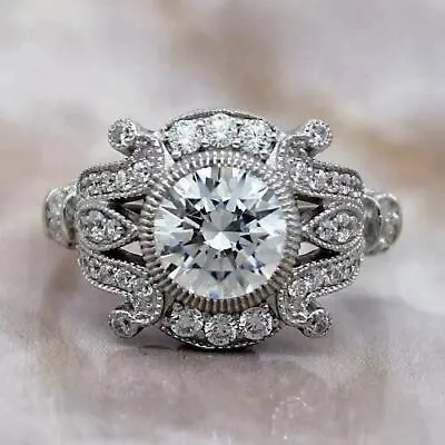 14K White Gold Over 2.50CT Round Cut Moissanite Vintage Art Deco Engagement Ring • $110.20