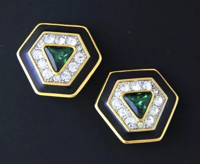 Swarovski S.A.L. Rhinestone Enamel Clip Earrings - Black Clear Emerald Green • $74.95