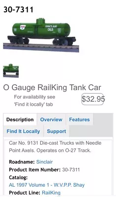 MTH Rail King 30-7311 Sinclair Tank Car NIB • $34