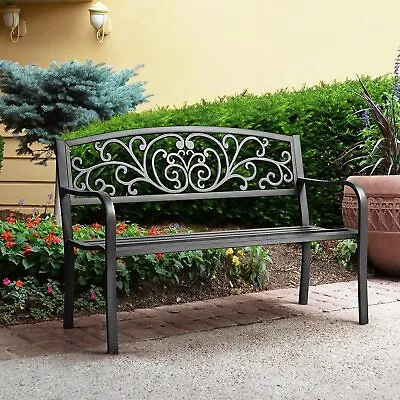 Garden Bench Outdoor Patio Backyard Metal Flowers Pattern Garden Furniture Black • $106.75