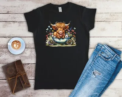 Highland Cow In A Bathtub 5 Designs Ladies Fitted T Shirt Sizes Small-2XL • £11.24