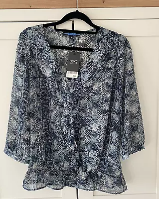 £12 • Buy NEXT Blue Snakeskin Print Sheer Pullover Blouse Frilled Collar Size 10 - BNWT