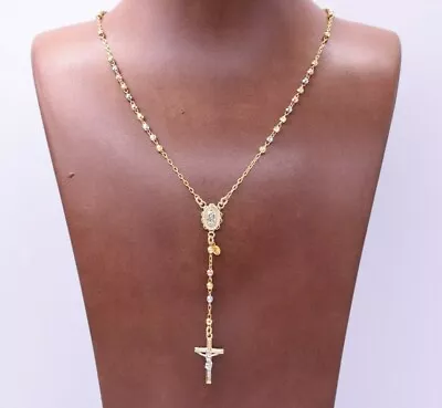 $394.99 • Buy 3mm Tri-Color Diamond Cut Cross Rosary Crucifix Necklace Real 10K Tri Color Gold
