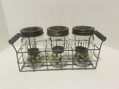 Rae Dunn Mason Jars Tealight Candle  Metal Caddy FAITH LOVE BLESSED 3 Candle Jar • $24.99