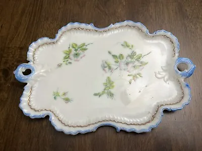 1930’s Milk Glass Serving Platter Blue Flowers Gold • $28.99