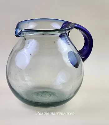 Vintage Mexican Hand-Blown Glass Pitcher 14 Cups With Cobalt Blue Rim & Handle • $68.21