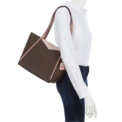 MICHAEL KORS Large Whitney Signature Brown/Soft Pink Fawn Leather Tote NEW $298 • $229.95
