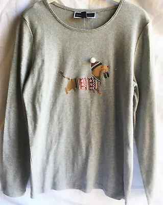 Christmas DACHSHUND Wiener Dog Knit Cotton TOP Gray W/ Glitter&Beads Size M Or L • $29.75