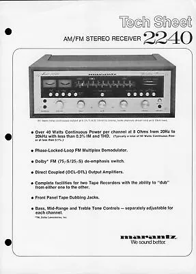 1974 Marantz 2240 Stereo Receiver AM/FM Cassette Dealer Tech Sheet Brochure  • $27.50