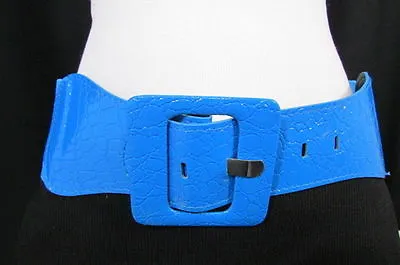 Women Hip Elastic High Waist Bright Blue Stretch Fashion Belt Square Buckle S M • $11.99