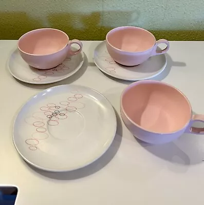 MCM Vintage Melmac Pink Cups White Saucers With Pink & Black Circles-Rare-Read • $22.99