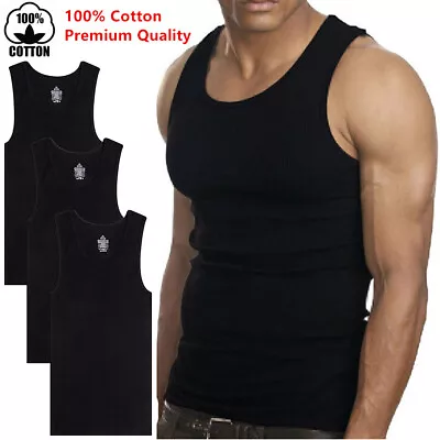 3-6 Packs Mens 100% Cotton Tank Top A-Shirt Wife-Beater Undershirt Ribbed Black • $12.99