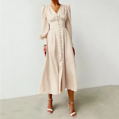 1940S Women Solid Silk Buttoned Tea Dress Long Sleeve Dress • $25.15